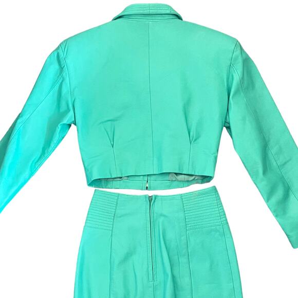 Vintage 80s Yucatan Bay Teal 2 Piece Leather Mini Skirt Jacket Matching Suit Set - Picture 2 of 11